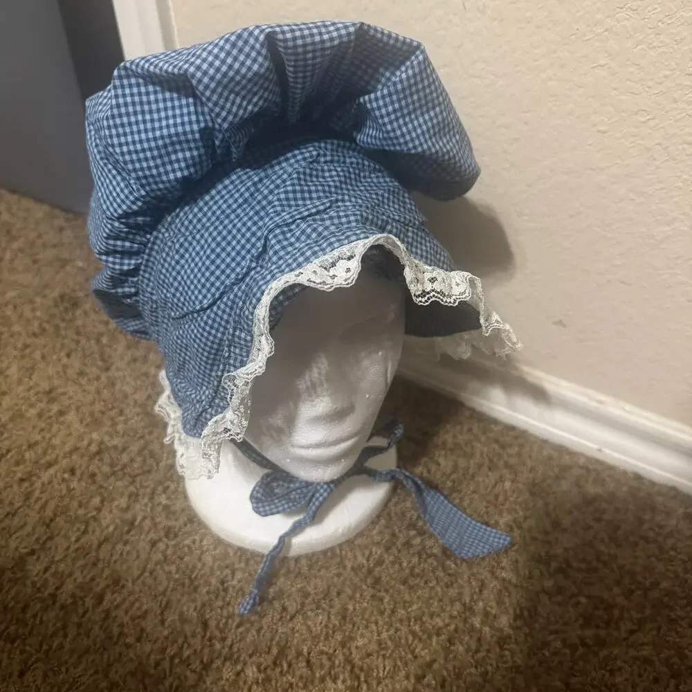 VTG Girls Prairie Bonnet‎ & Apron blue gingham check Cottage Core Calico